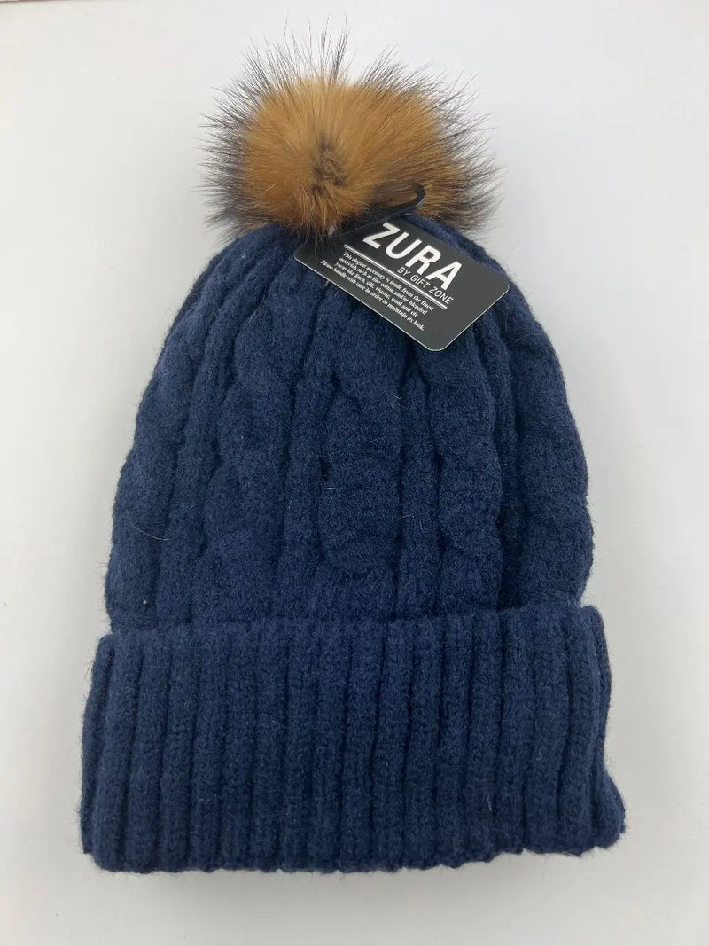 Knitted Beanie with Detachable Fur Pom Pom