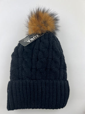 Knitted Beanie with Detachable Fur Pom Pom