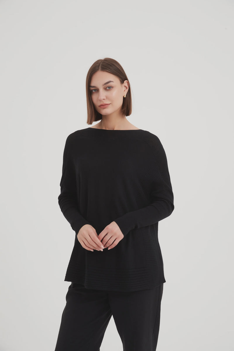 Wide Neck Knit Top Black