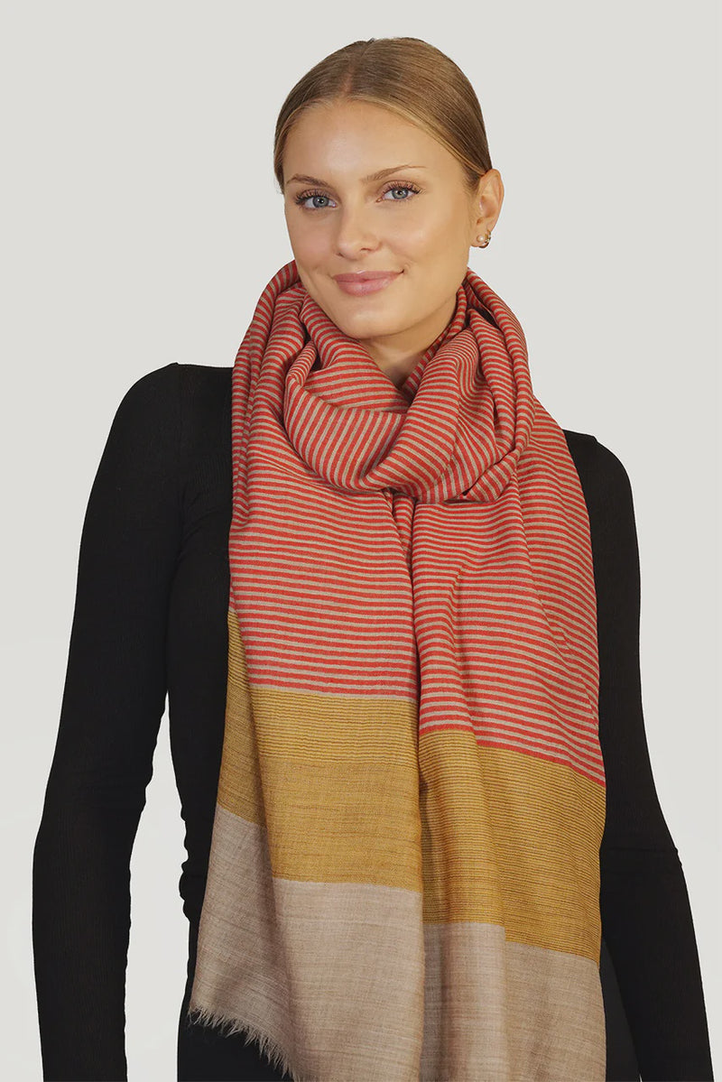 Wool Woven Stripes Scarf / Red And Mustard