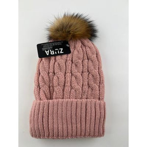 Knitted Beanie with Detachable Fur Pom Pom