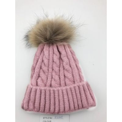Knitted Beanie with Detachable Fur Pom Pom
